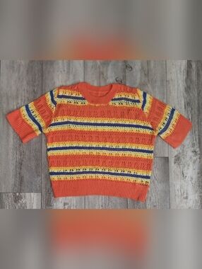 Women's Open-Knit Short Sleeve Stripe Sweater in Orange